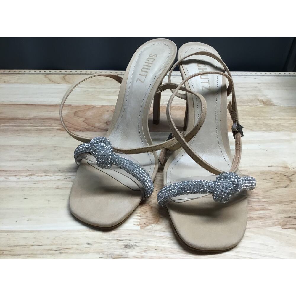 Schutz Peaky High Heel Sandals Women's 7.5 Light Beige Nubuck Embellished Bow